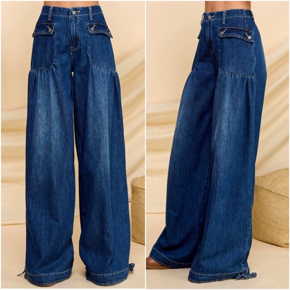 Dark Wash Pocket Wide Leg Ankle 2 way Wide leg Pants - Picture 1 of 8